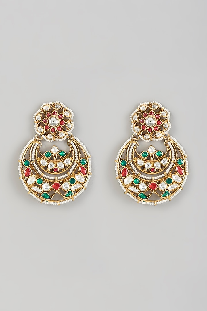 Gold Finish Kundan Polki & Pearl Earrings by VASTRAA Jewellery at Pernia's Pop Up Shop