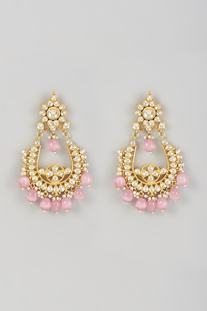 Gold Finish Kundan Polki & Pink Beaded Chandbali Earrings by VASTRAA Jewellery at Pernia's Pop Up Shop