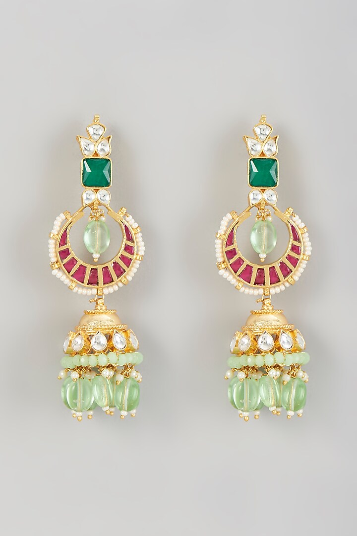 Gold Finish Kundan Polki & Green Beaded Dangler Earrings by VASTRAA Jewellery at Pernia's Pop Up Shop