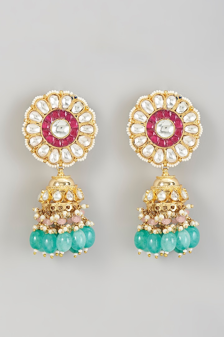Gold Finish Kundan Polki & Green Beaded Dangler Earrings by VASTRAA Jewellery at Pernia's Pop Up Shop