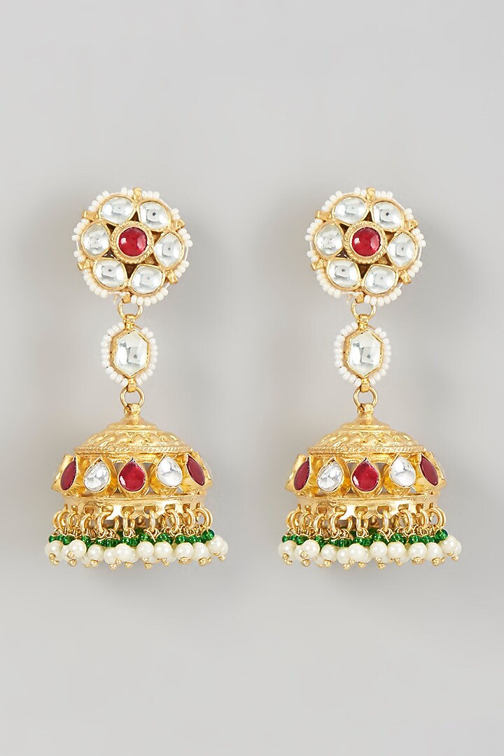 Gold Finish Kundan Polki & Pearl Dangler Earrings by VASTRAA Jewellery at Pernia's Pop Up Shop