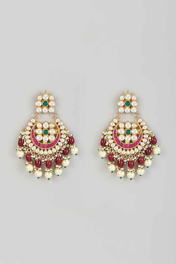 Gold Finish Kundan Polki & Maroon Beaded Chandbali Earring by VASTRAA Jewellery at Pernia's Pop Up Shop