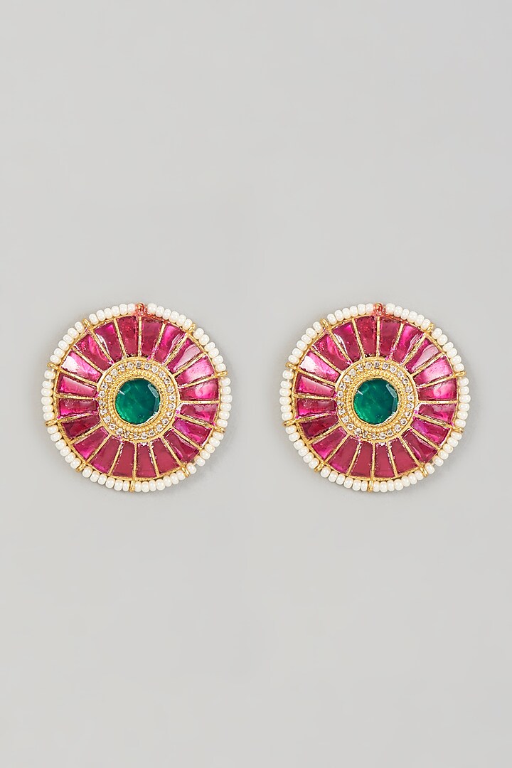 Gold Finish Kundan Polki & Pearl Enameled Stud Earrings by VASTRAA Jewellery at Pernia's Pop Up Shop