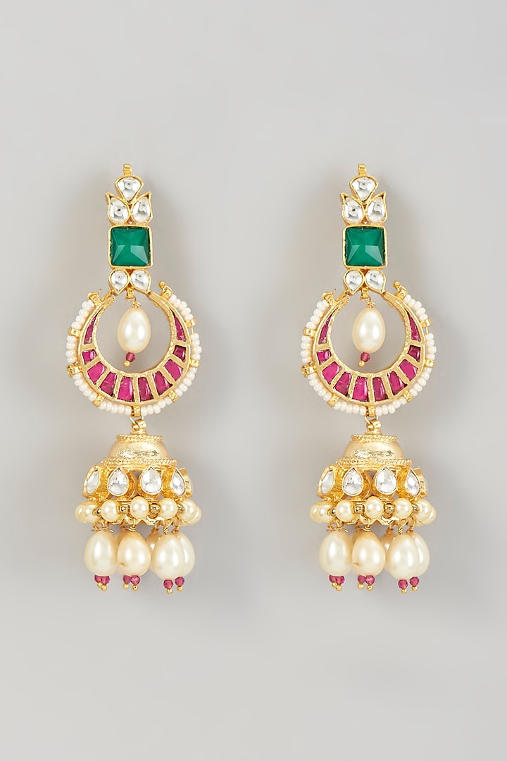 Gold Finish Kundan Polki & Pink Beaded Dangler Earrings by VASTRAA Jewellery at Pernia's Pop Up Shop