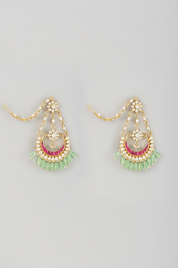 Gold Finish Kundan Polki & Mint Green Beaded Chandbali Earrings by VASTRAA Jewellery at Pernia's Pop Up Shop