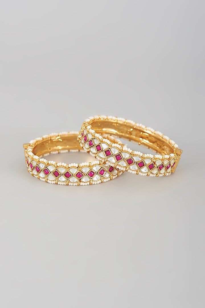 Gold Finish Kundan Polki Bangles (Set of 2) by VASTRAA Jewellery at Pernia's Pop Up Shop