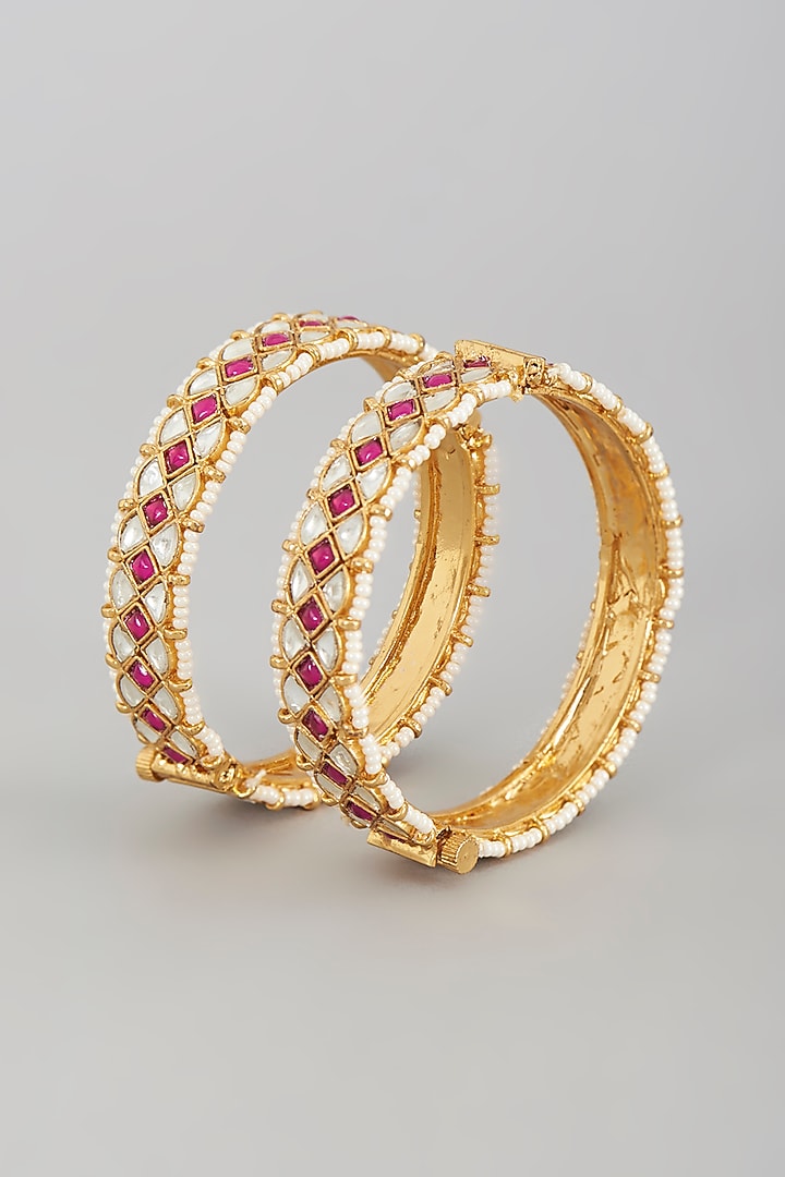 Gold Finish Kundan Polki Bangles (Set of 2) by VASTRAA Jewellery at Pernia's Pop Up Shop