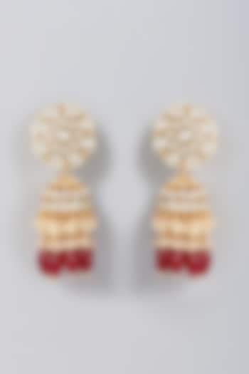 Gold Finish Kundan Polki & Red Drop Beaded Dangler Earrings by VASTRAA Jewellery