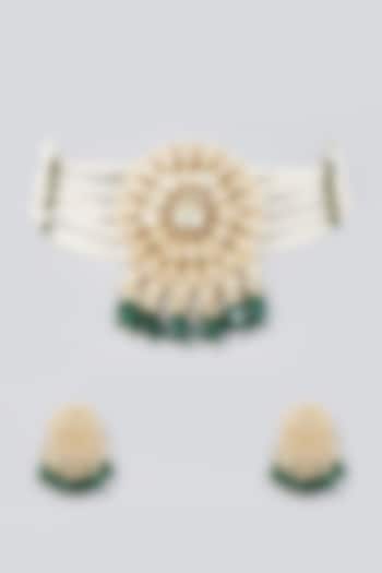 Gold Finish Zircon & Kundan Polki Beaded Choker Necklace Set by VASTRAA Jewellery