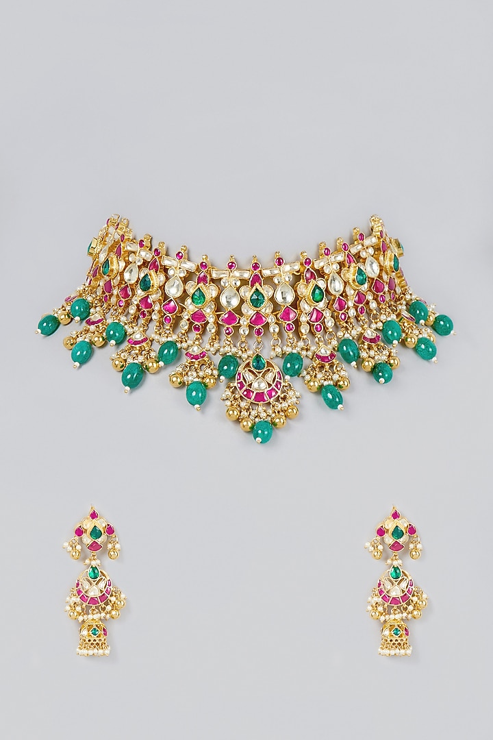 Gold Finish Red & Green Stone Choker Necklace Set by VASTRAA Jewellery at Pernia's Pop Up Shop