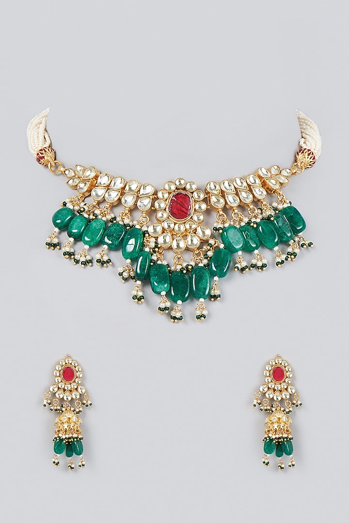 Gold Finish Kundan Polki & Pearl Choker Necklace Set by VASTRAA Jewellery at Pernia's Pop Up Shop