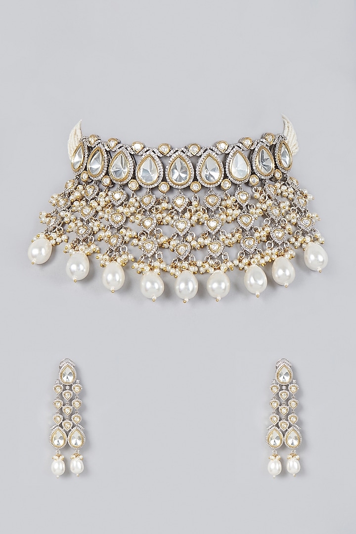 Two Tone Finish Kundan Polki & Zircon Choker Necklace Set by VASTRAA Jewellery