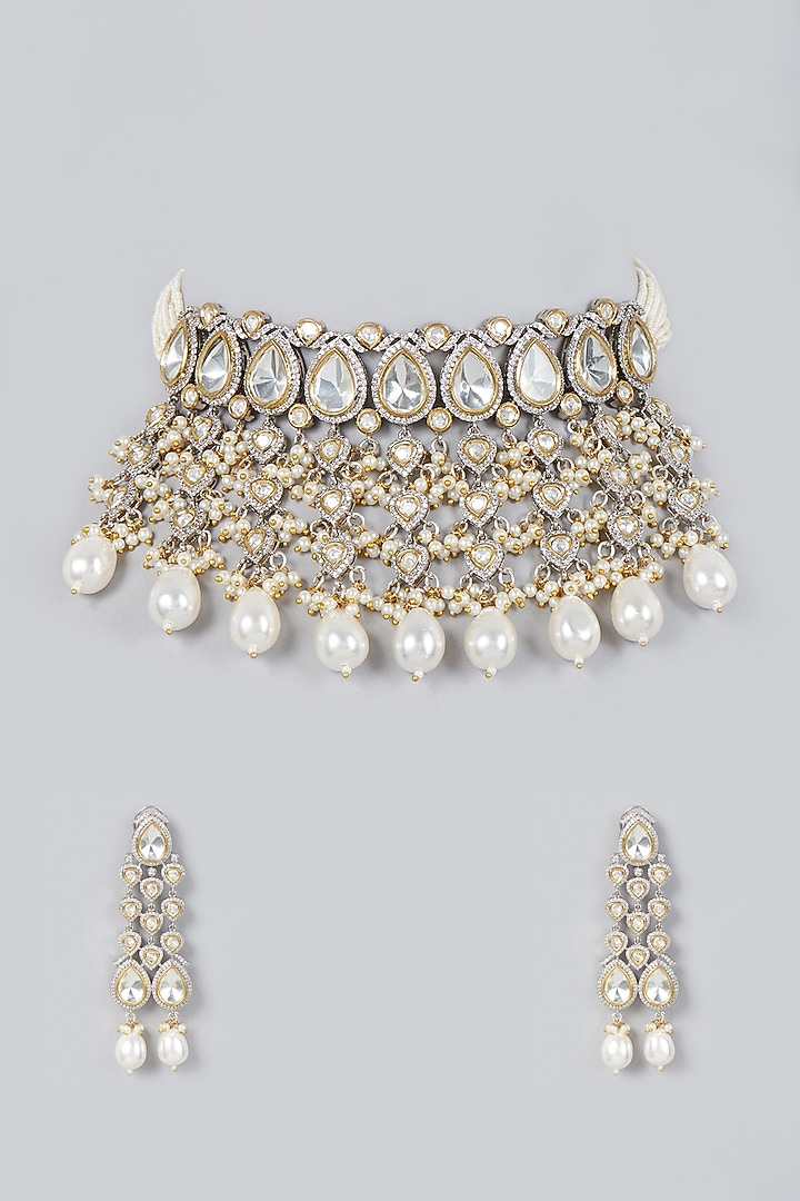 Two Tone Finish Kundan Polki & Zircon Choker Necklace Set by VASTRAA Jewellery at Pernia's Pop Up Shop