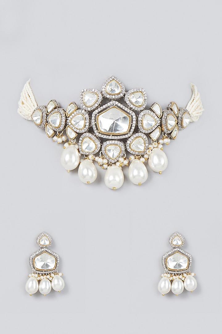 Two Tone Finish Pearl & Zircon Choker Necklace Set by VASTRAA Jewellery at Pernia's Pop Up Shop