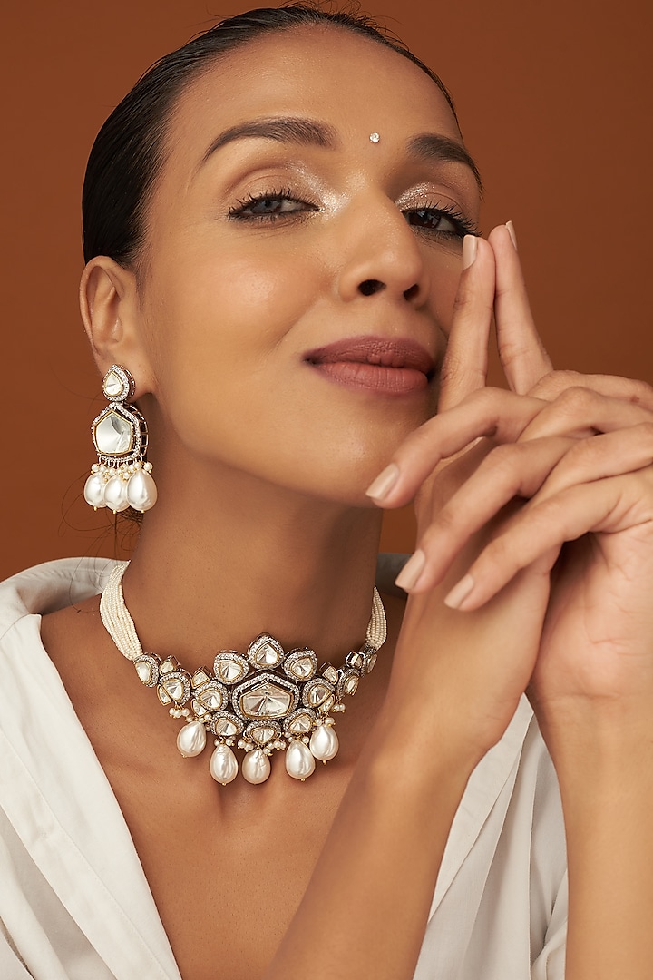 Two Tone Finish Pearl & Zircon Choker Necklace Set by VASTRAA Jewellery