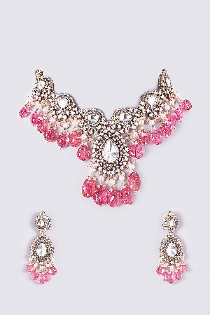 Gold Finish Kundan Polki & Red Stone Choker Necklace Set by VASTRAA Jewellery at Pernia's Pop Up Shop