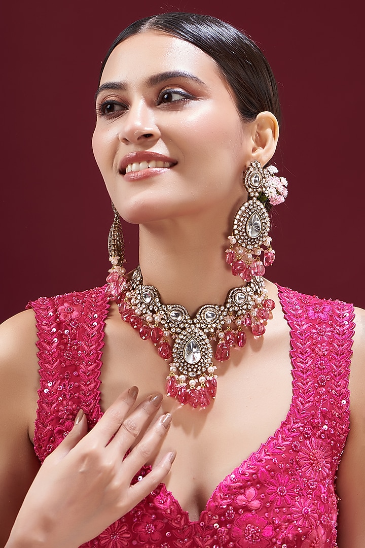 Gold Finish Kundan Polki & Red Stone Choker Necklace Set by VASTRAA Jewellery at Pernia's Pop Up Shop