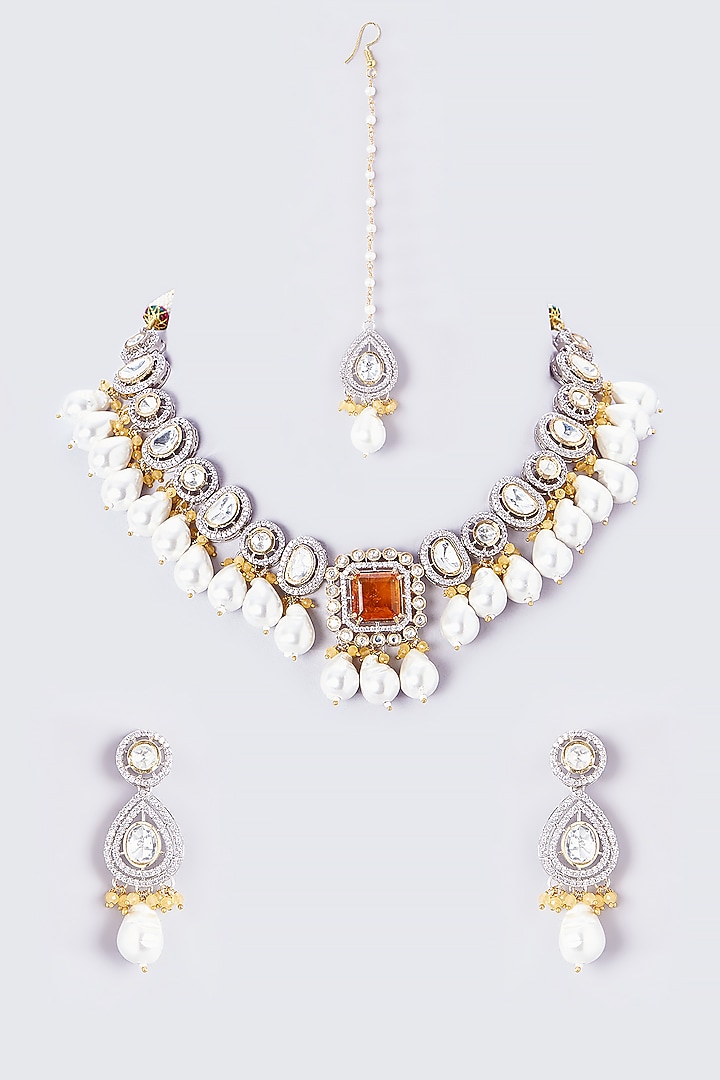 Gold Finish Kundan Polki & Red Stone Necklace Set by VASTRAA Jewellery at Pernia's Pop Up Shop