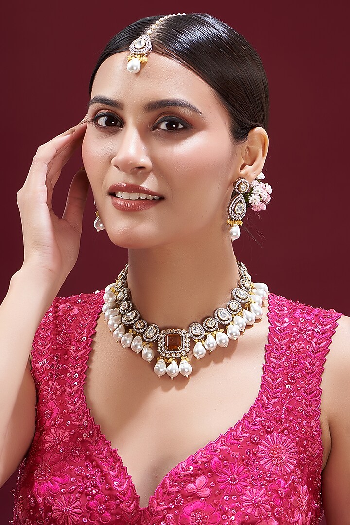 Gold Finish Kundan Polki & Red Stone Necklace Set by VASTRAA Jewellery at Pernia's Pop Up Shop