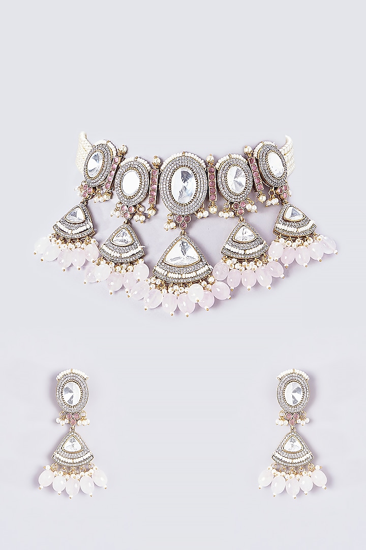 Gold Finish Kundan Polki & Pink Stone Choker Necklace Set by VASTRAA Jewellery at Pernia's Pop Up Shop