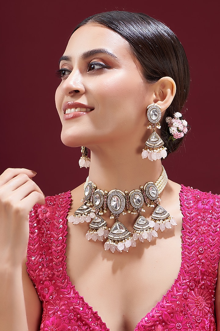 Gold Finish Kundan Polki & Pink Stone Choker Necklace Set by VASTRAA Jewellery at Pernia's Pop Up Shop
