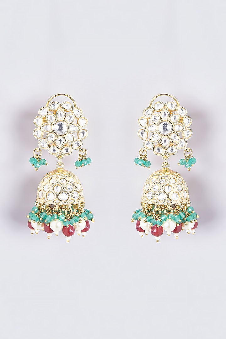 Gold Finish Kundan Polki & Multi-Colored Stone Jhumka Earrings by VASTRAA Jewellery at Pernia's Pop Up Shop