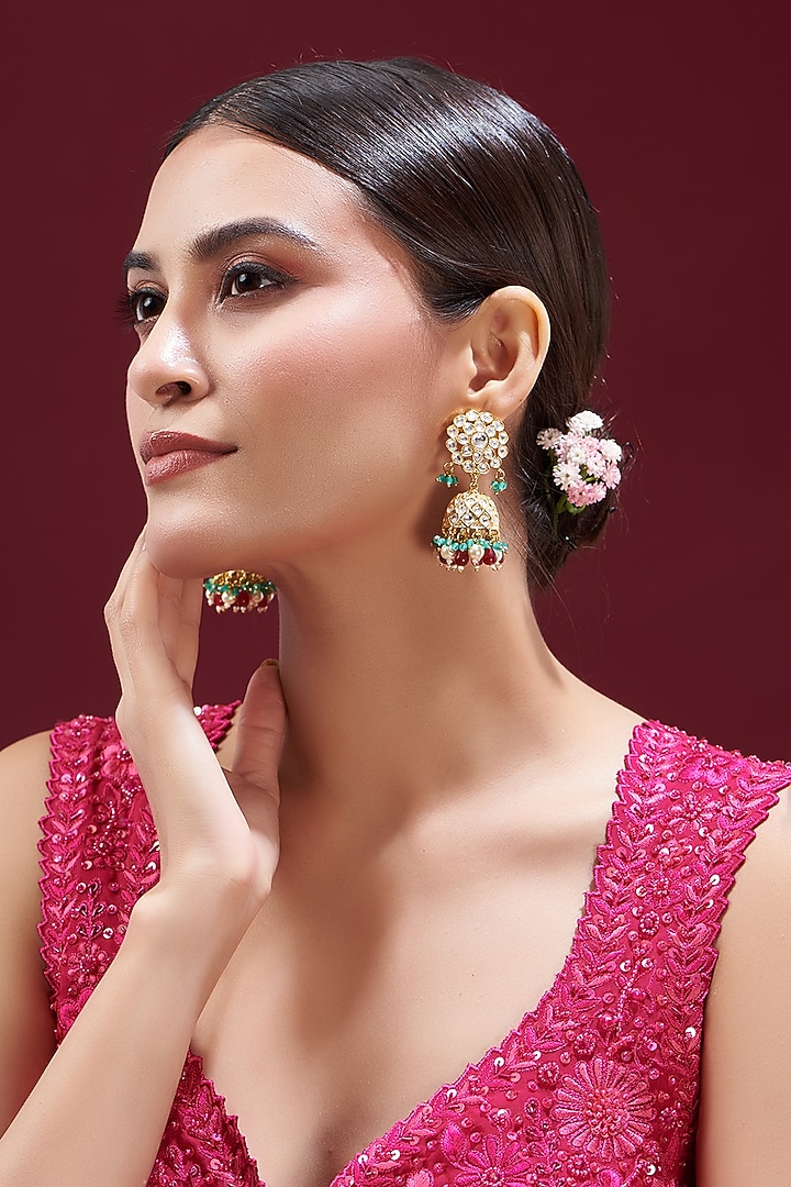 Gold Finish Kundan Polki & Multi-Colored Stone Jhumka Earrings by VASTRAA Jewellery at Pernia's Pop Up Shop