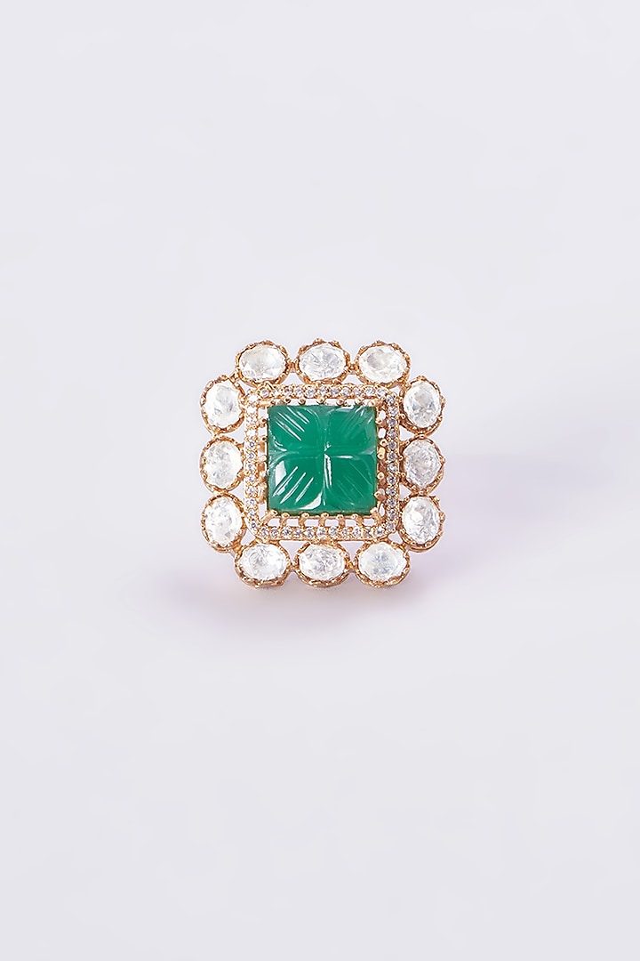 Gold Finish Kundan Polki & Green Stone Ring by VASTRAA Jewellery at Pernia's Pop Up Shop