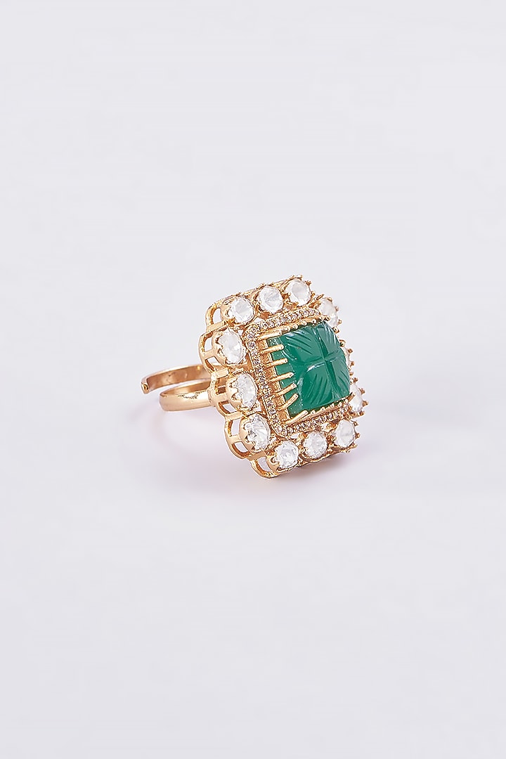 Gold Finish Kundan Polki & Green Stone Ring by VASTRAA Jewellery at Pernia's Pop Up Shop