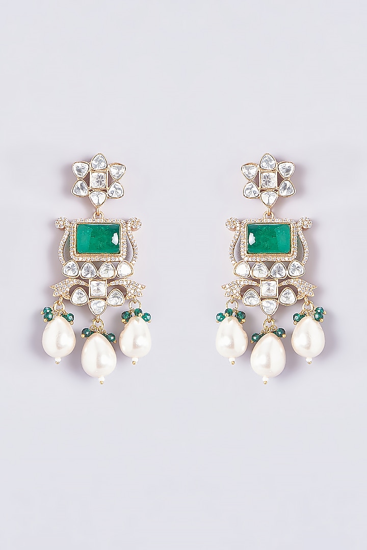 Gold Finish Kundan Polki & Green Stone Dangler Earrings by VASTRAA Jewellery at Pernia's Pop Up Shop