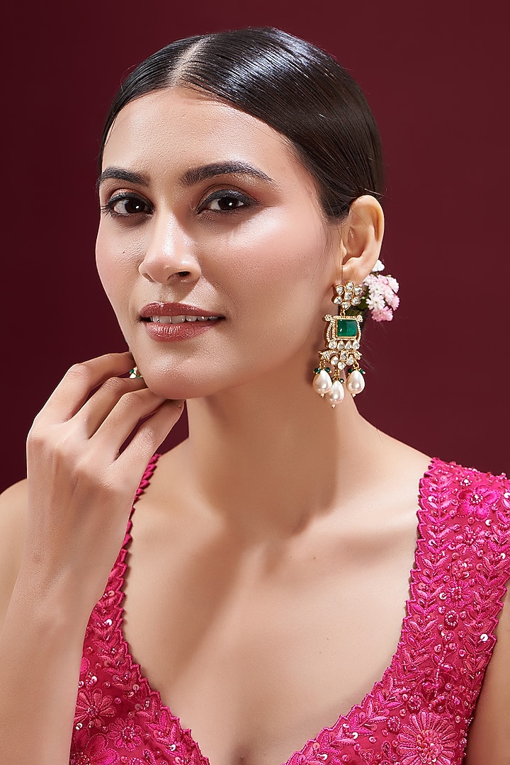 Gold Finish Kundan Polki & Green Stone Dangler Earrings by VASTRAA Jewellery at Pernia's Pop Up Shop