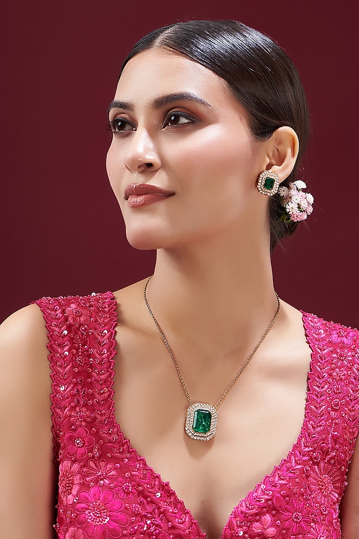 Gold Finish Kundan Polki & Emerald Long Necklace set by VASTRAA Jewellery at Pernia's Pop Up Shop