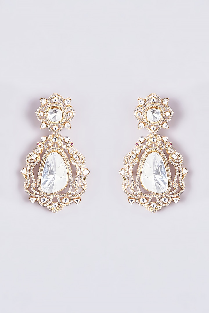 Gold Finish Kundan Polki Dangler Earrings by VASTRAA Jewellery at Pernia's Pop Up Shop
