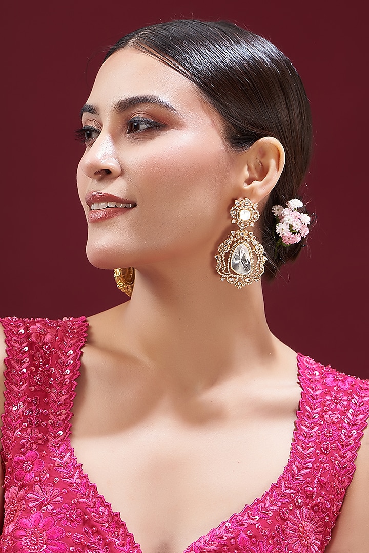 Gold Finish Kundan Polki Dangler Earrings by VASTRAA Jewellery at Pernia's Pop Up Shop