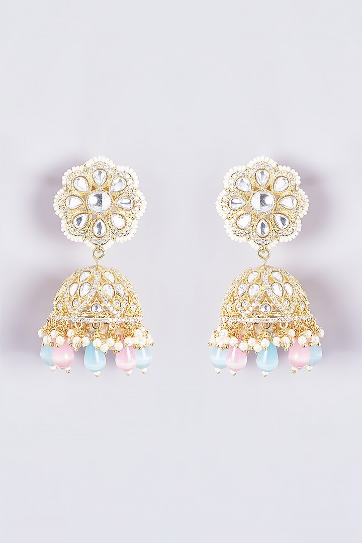 Gold Finish Kundan Polki & Multi-Colored Stone Jhumka Earrings by VASTRAA Jewellery at Pernia's Pop Up Shop