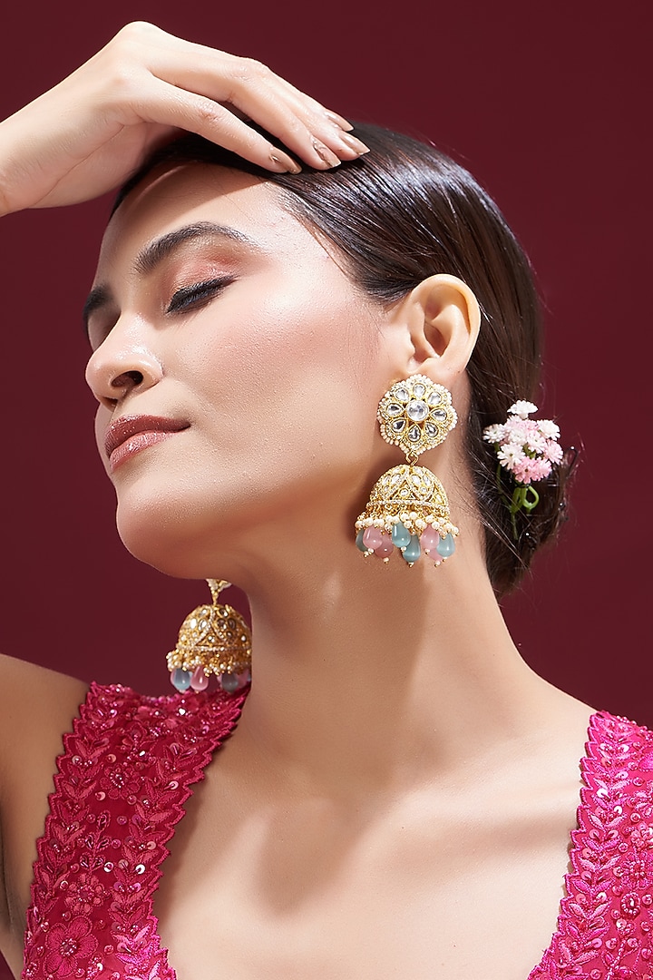 Gold Finish Kundan Polki & Multi-Colored Stone Jhumka Earrings by VASTRAA Jewellery at Pernia's Pop Up Shop