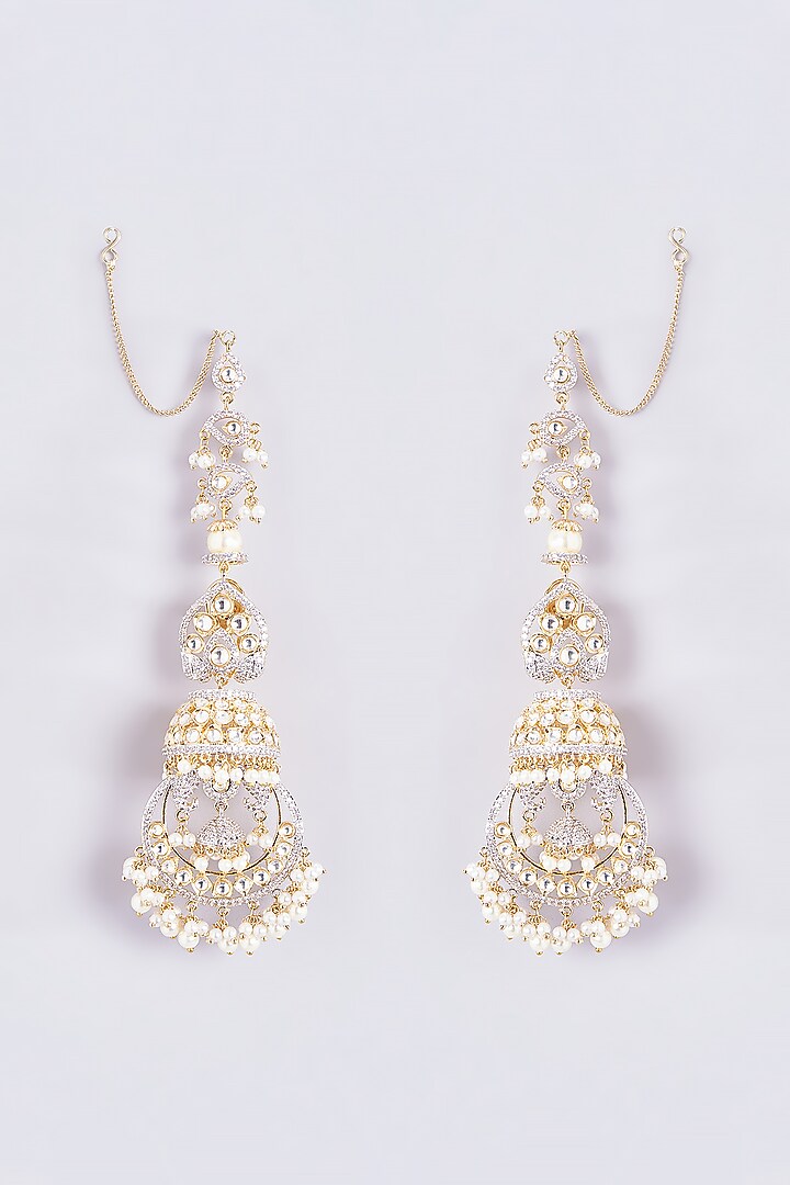 Gold Finish Kundan Polki & Pearl Dangler Earrings by VASTRAA Jewellery at Pernia's Pop Up Shop