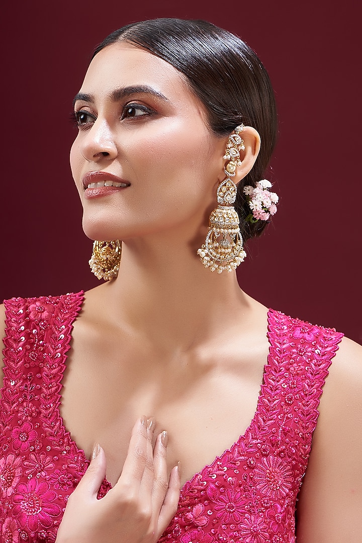 Gold Finish Kundan Polki & Pearl Dangler Earrings by VASTRAA Jewellery at Pernia's Pop Up Shop