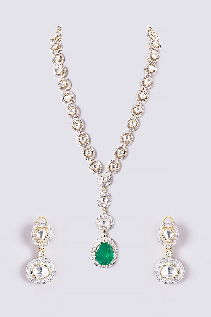 Gold Finish Kundan Polki & Emerald Long Necklace set by VASTRAA Jewellery at Pernia's Pop Up Shop