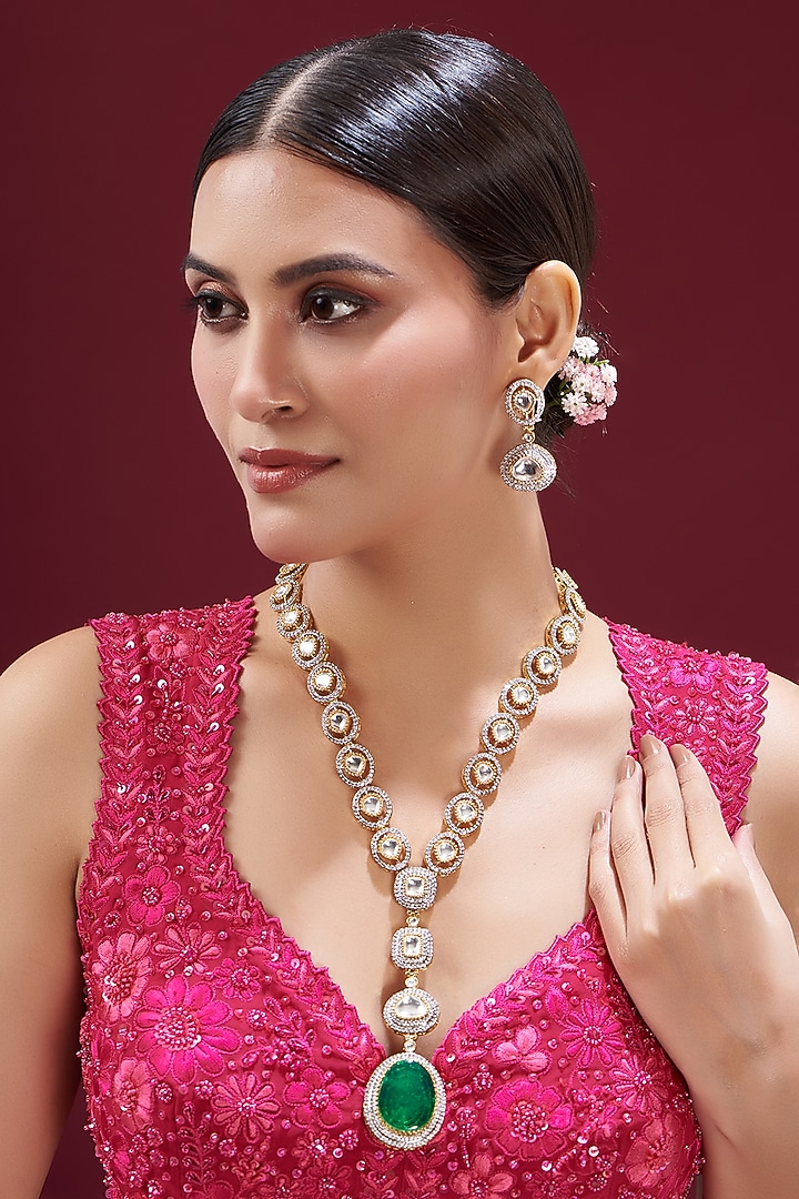 Gold Finish Kundan Polki & Emerald Long Necklace set by VASTRAA Jewellery at Pernia's Pop Up Shop