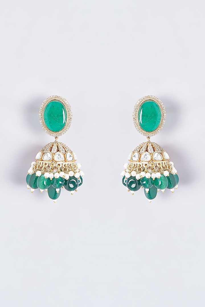 Gold Finish Kundan Polki & Green Stone Jhumka Earrings by VASTRAA Jewellery at Pernia's Pop Up Shop