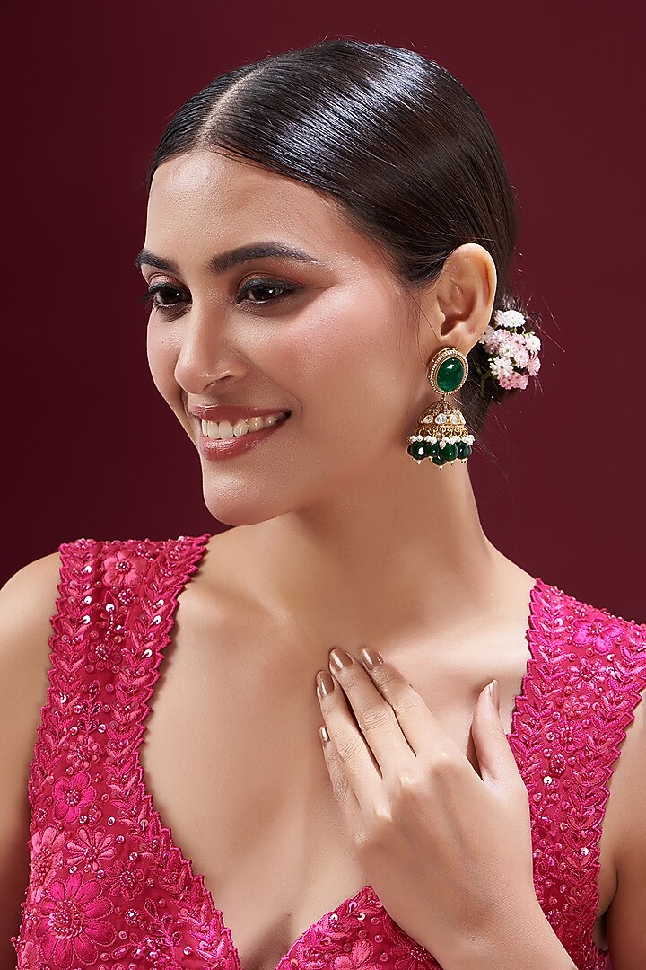 Gold Finish Kundan Polki & Green Stone Jhumka Earrings by VASTRAA Jewellery at Pernia's Pop Up Shop