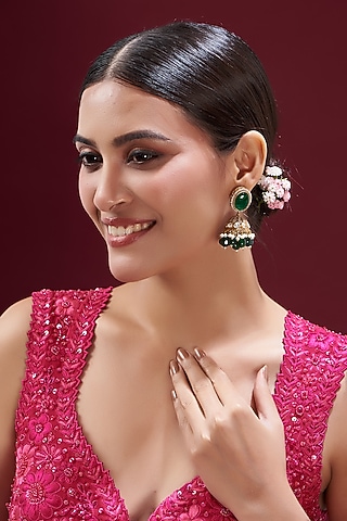 Gold Finish Kundan Polki & Green Stone Jhumka Earrings by VASTRAA Jewellery