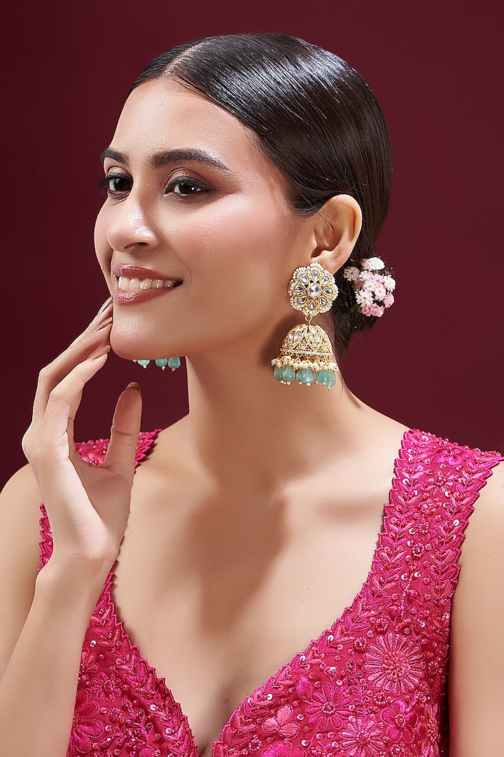 Gold Finish Kundan Polki & Light Blue Stone Jhumka Earrings by VASTRAA Jewellery at Pernia's Pop Up Shop
