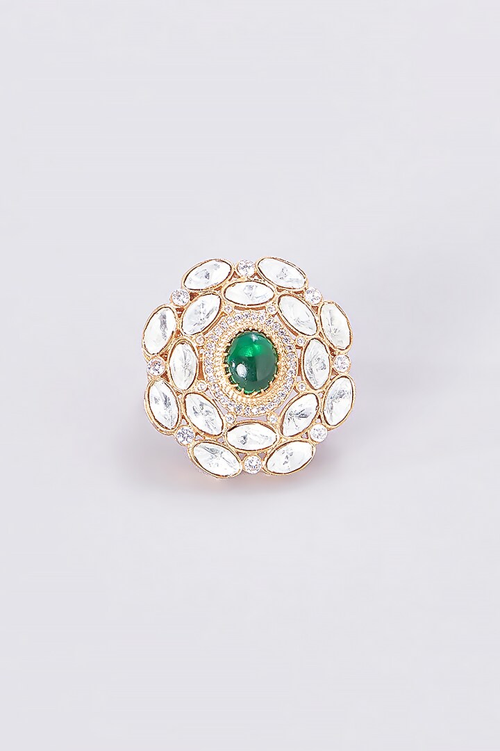 Gold Finish Kundan Polki & Green Stone Ring by VASTRAA Jewellery at Pernia's Pop Up Shop