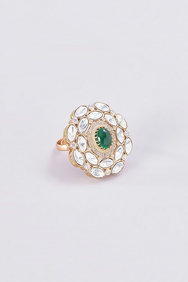 Gold Finish Kundan Polki & Green Stone Ring by VASTRAA Jewellery at Pernia's Pop Up Shop