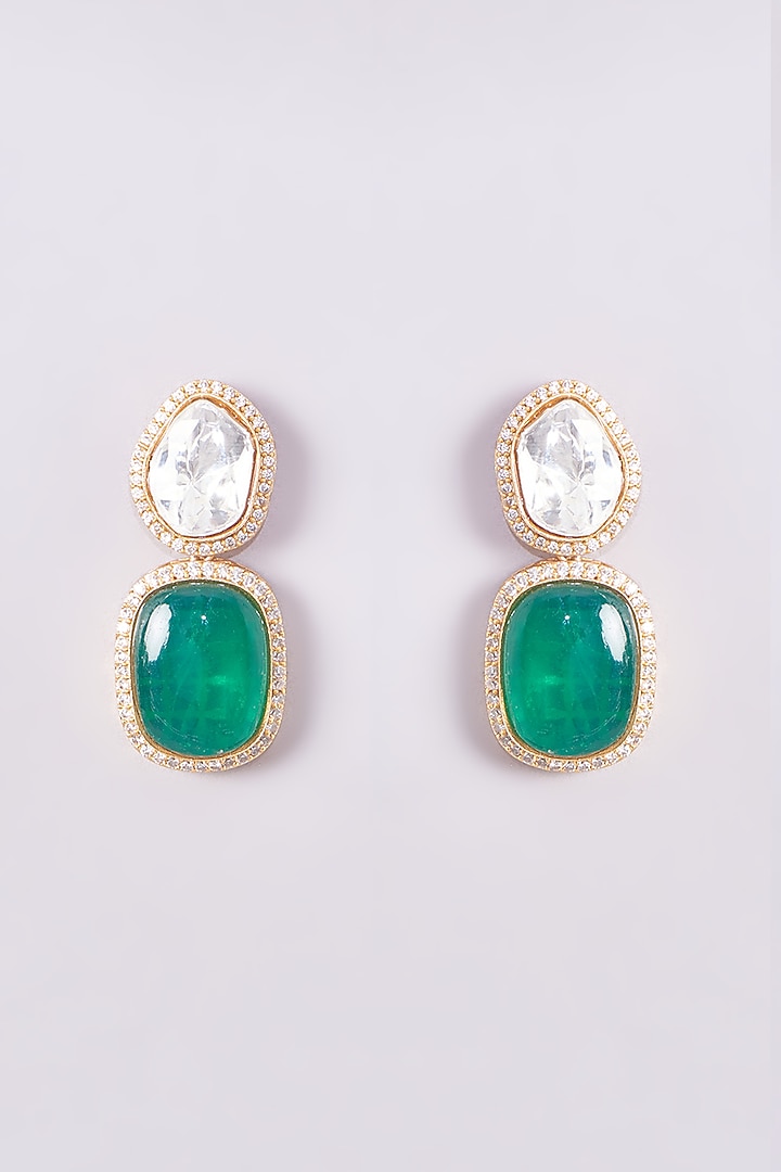 Gold Finish Kundan Polki & Green Stone Dangler Earrings by VASTRAA Jewellery at Pernia's Pop Up Shop