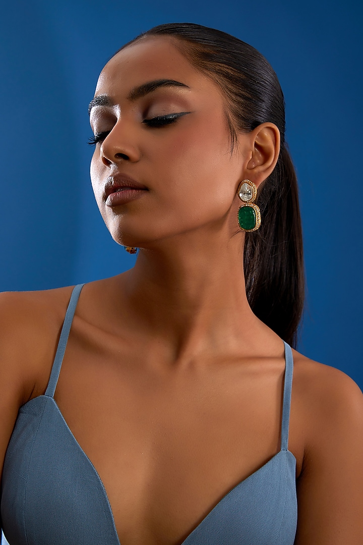 Gold Finish Kundan Polki & Green Stone Dangler Earrings by VASTRAA Jewellery at Pernia's Pop Up Shop