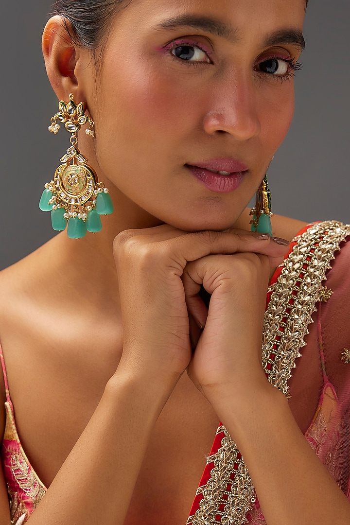 Gold Finish Kundan Polki & Turquoise Beaded Dangler Earrings by VASTRAA Jewellery at Pernia's Pop Up Shop
