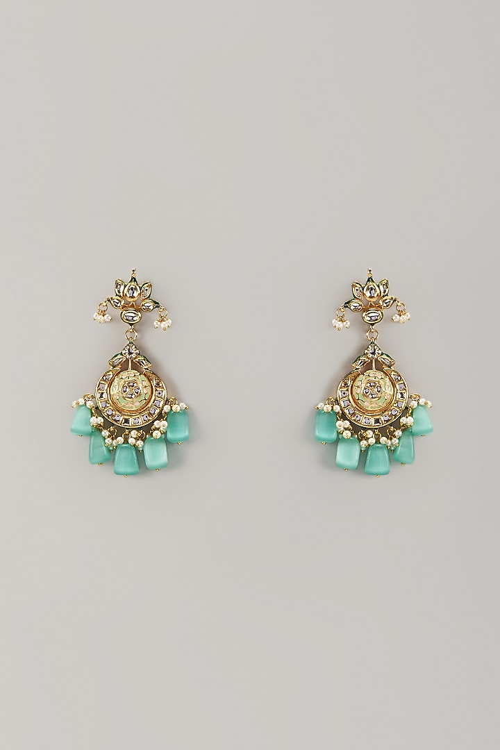 Gold Finish Kundan Polki & Turquoise Beaded Dangler Earrings by VASTRAA Jewellery at Pernia's Pop Up Shop